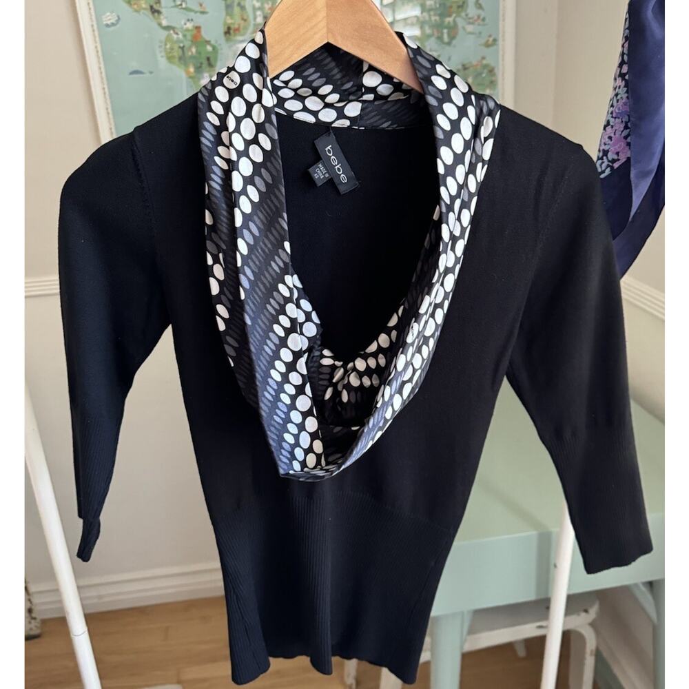 VTG 90s Y2K BeBe Black White Polka Dot Top XS Mob‎ Wife Scarf